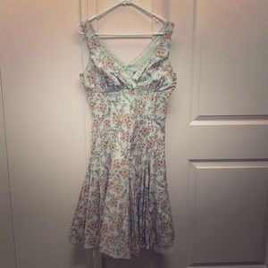 Floral Sky Blue Midi-Dress w/ Bead & Tulle Trim